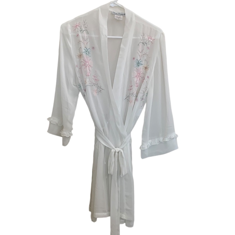 Sheer Embroidered Cream Short Robe Ruffled‎ Sleeve Size M - Picture 2 of 13